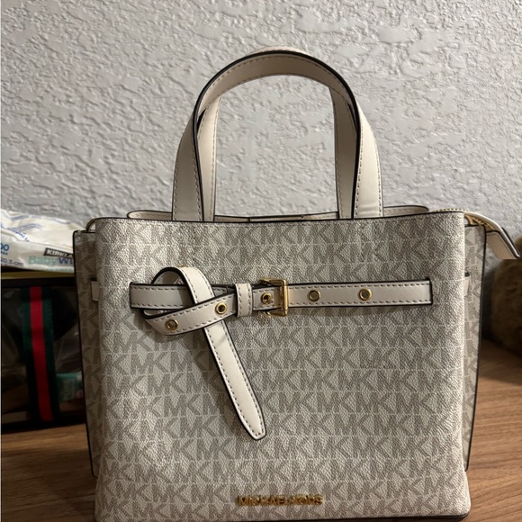 Michael Kors White Monogram Satchel with Gold Accents